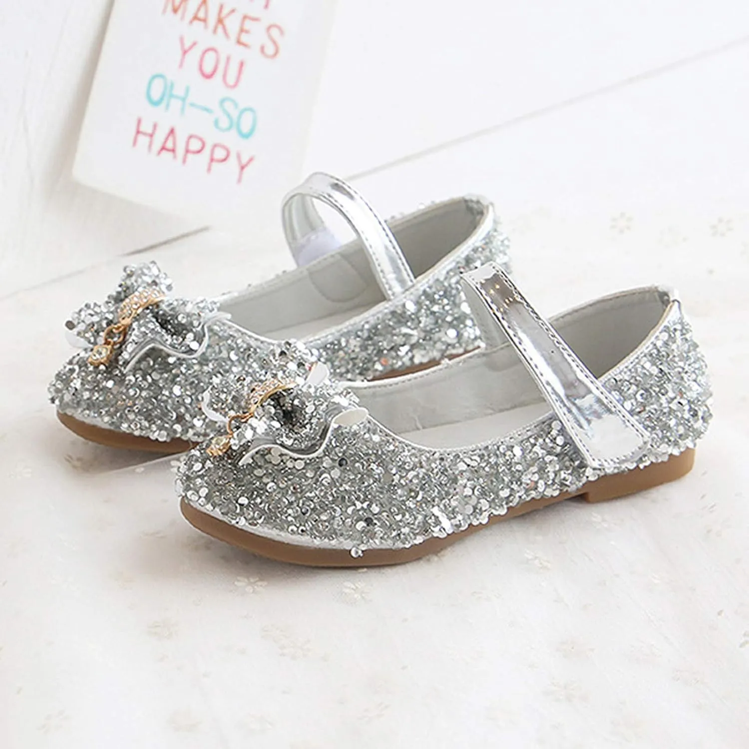 Toddler Girls Closed Toe Ankle Sequins Bow Sneakers with Strap Low Heel Rubber Sole Dress Dance Uniform Shoes