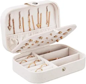 Travel Jewelry Box for Women Girls, Small Jewelry Organizer Storage for Earrings Rings Necklaces Bracelets, Double Layer Jewelry Case PU Leather Mini Jewelry Boxes Holder Display, White
