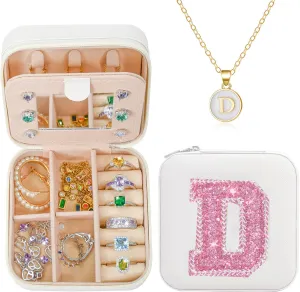 Travel Jewelry Case| Initial Jewelry Box Pendant Necklace| Multifunctional Personalized Jewelry Case| Birthday Gifts For Women, D-White