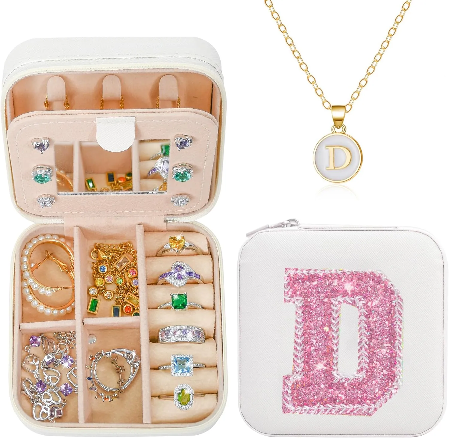 Travel Jewelry Case| Initial Jewelry Box Pendant Necklace| Multifunctional Personalized Jewelry Case| Birthday Gifts For Women, D-White