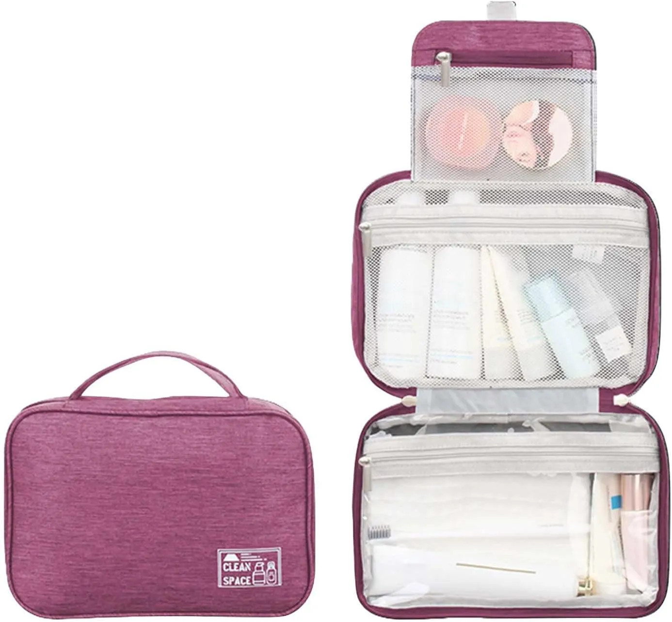 Travel Makeup Bag 10x6.6 Inch Portable Hanging Extra Large Makeup Bag with 3 Comparment Water Resistant Cosmetic Organizer with Handle Toiletry Bag Shampoo,toiletries Full-Size Container