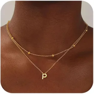 Turandoss Layered Gold Initial Necklaces for Women, 18K Gold Plated Letter A-Z Initial Pendant Necklaces Personalized 26 Alphabet Monogram Gold Initial Necklaces for Women Jewelry Gifts