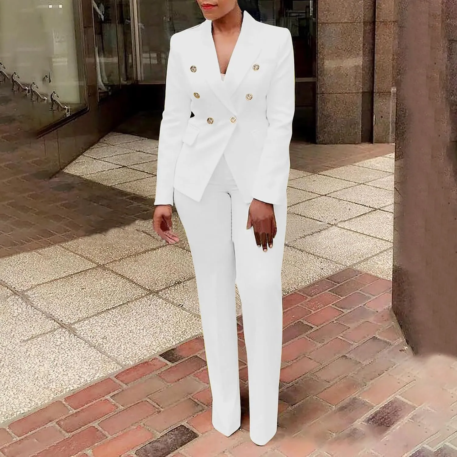 Two Piece Blazer Sets for Women Elegant Double Breasted Blazers   Pants Slim Fit Notch Lapel Solid Business Suit Sets