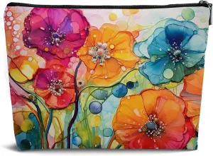 Vintage Abstract Flower Aesthetic Makeup Bag,Small Makeup Bag for Women,Vintage Watercolor Flower Leather Small Zipper Pouch for Purse,Cosmetic Bag Zipper Pouch for Women Teens Girl