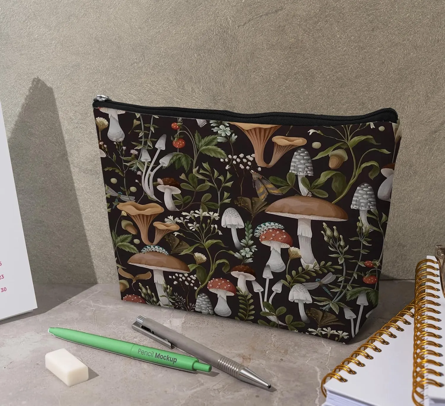 Vintage Mushroom Makeup Bag,Mushroom Gifts Leather Small Zipper Pouch for Purse,Mushroom Cosmetic Bag Zipper Pouch for Women Teens Girl,Small Makeup Bag