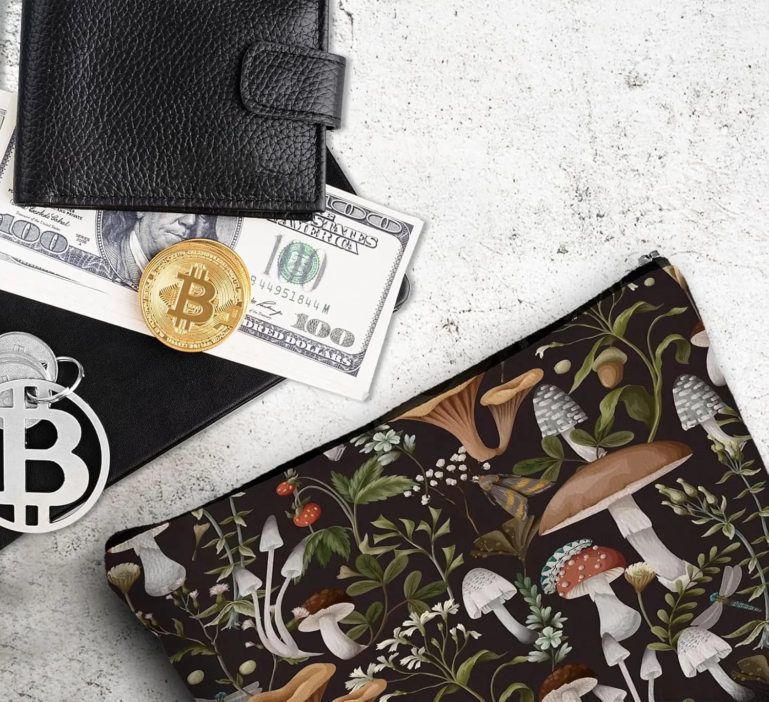 Vintage Mushroom Makeup Bag,Mushroom Gifts Leather Small Zipper Pouch for Purse,Mushroom Cosmetic Bag Zipper Pouch for Women Teens Girl,Small Makeup Bag