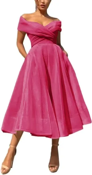 Vintage Off Shoulder A-Line Tulle Prom Dress for Women Strapless Sleeveless Formal Evening Gowns with Pockets
