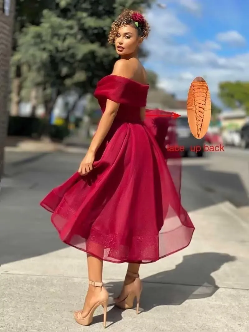 Vintage Off Shoulder A-Line Tulle Prom Dress for Women Strapless Sleeveless Formal Evening Gowns with Pockets