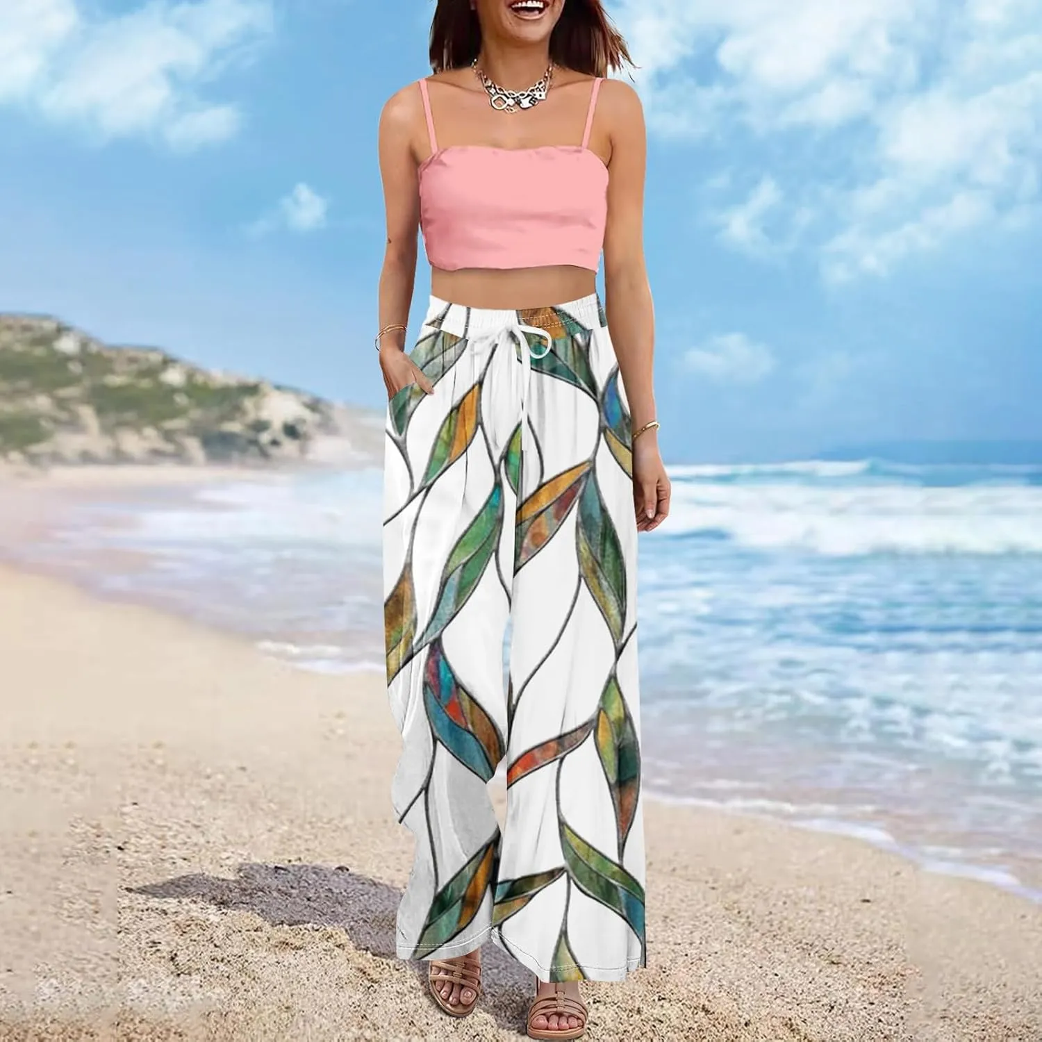 Women Casual High Waist Wide Leg Floral Palazzo Pants Summer Boho Flowy Beach Trousers with Pockets