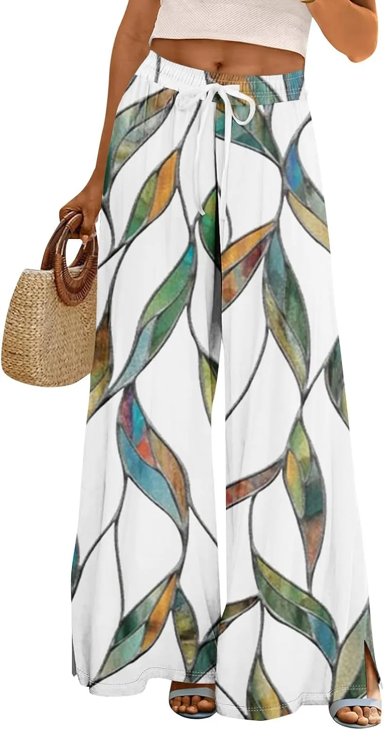 Women Casual High Waist Wide Leg Floral Palazzo Pants Summer Boho Flowy Beach Trousers with Pockets