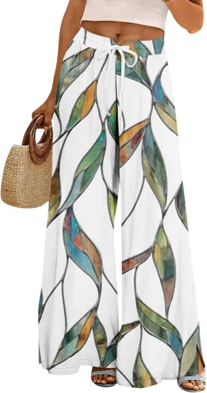 Women Casual High Waist Wide Leg Floral Palazzo Pants Summer Boho Flowy Beach Trousers with Pockets