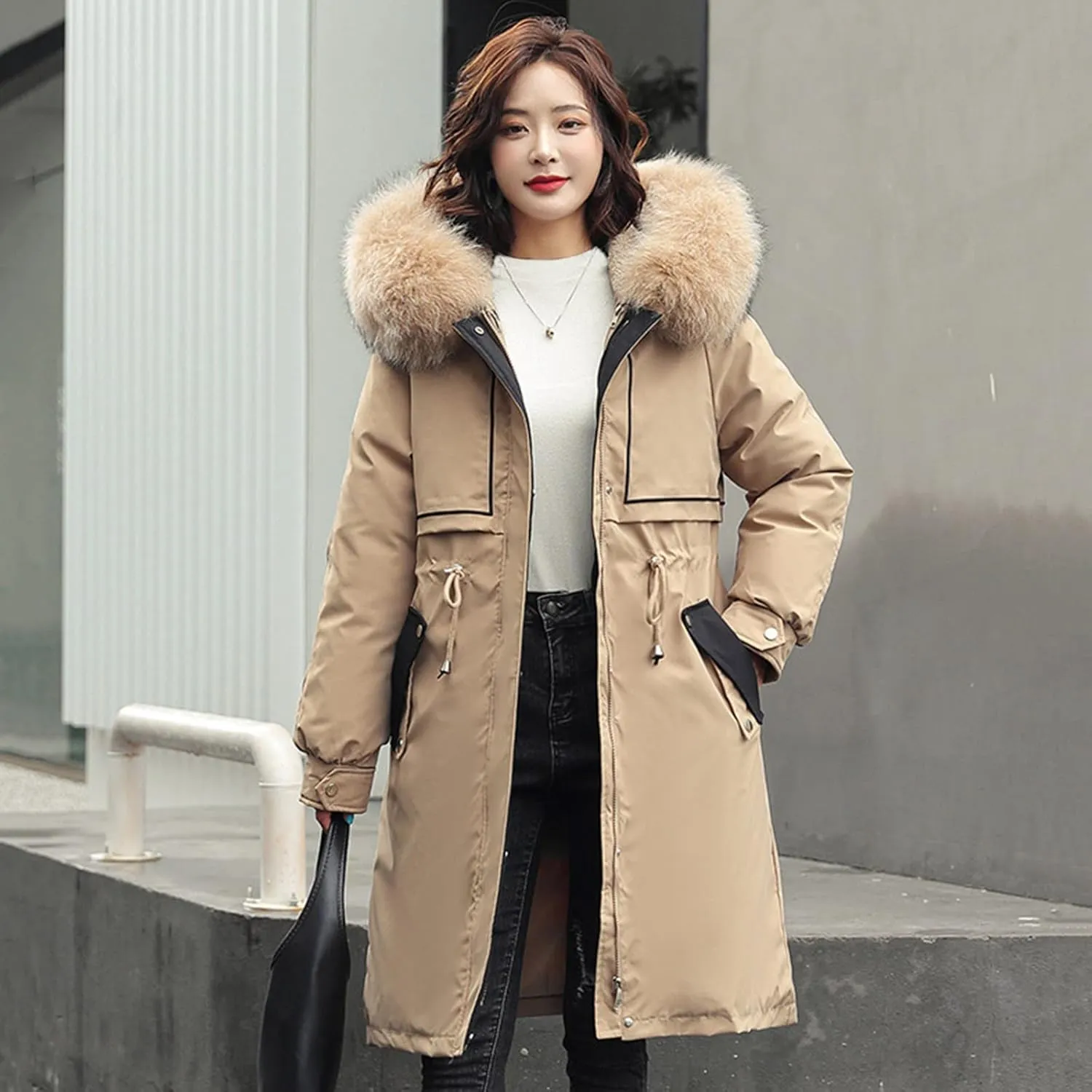 Women Cotton-padded Outerwear Long Jackets Fashion Coats Removable Liner Pocket Hooded Tail Coats Women