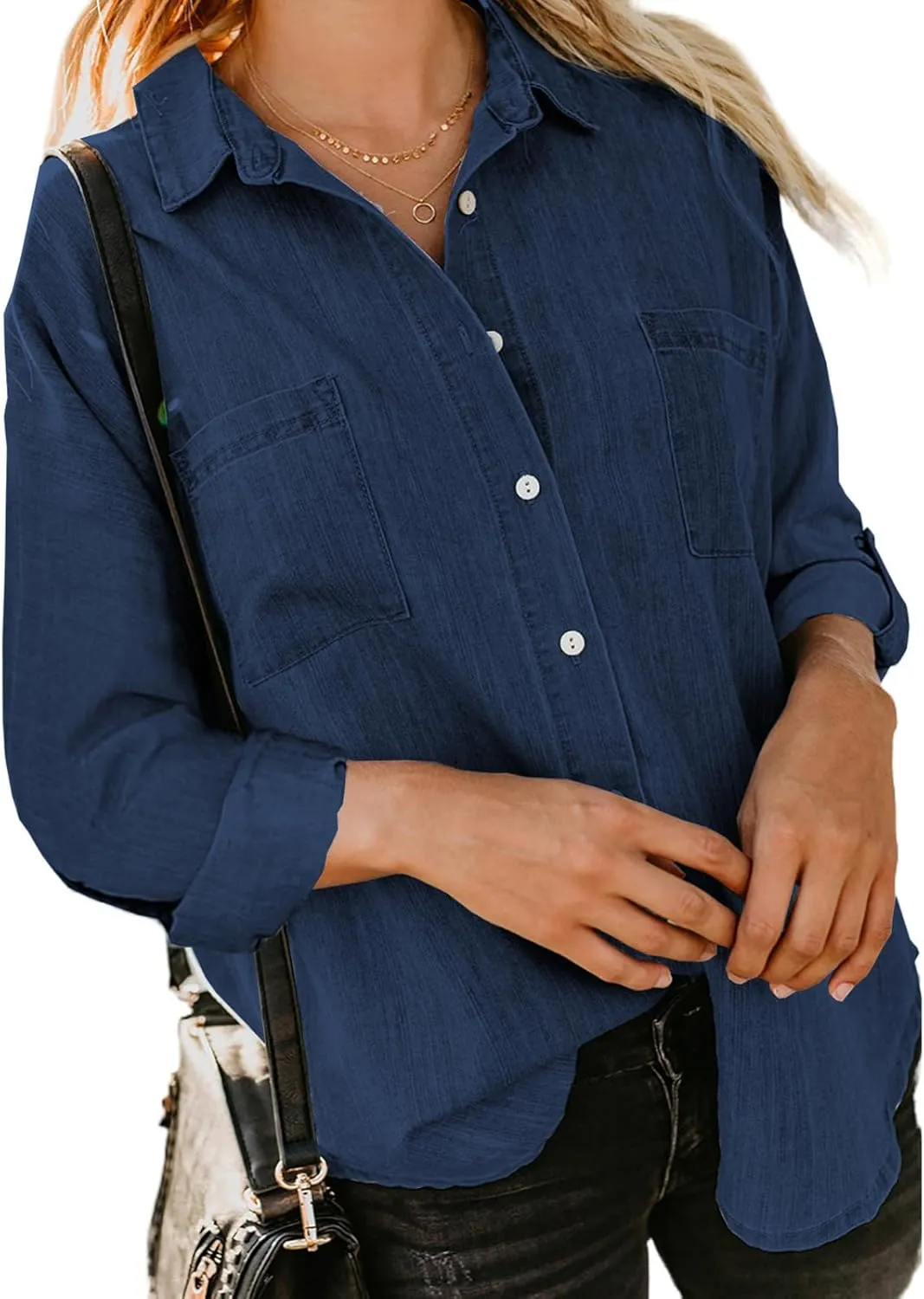 Women Denim Shirt Collared Jean Shirts Long Sleeve Button Down Blouses with Pockets Classic Basic Solid Blouse Jacket