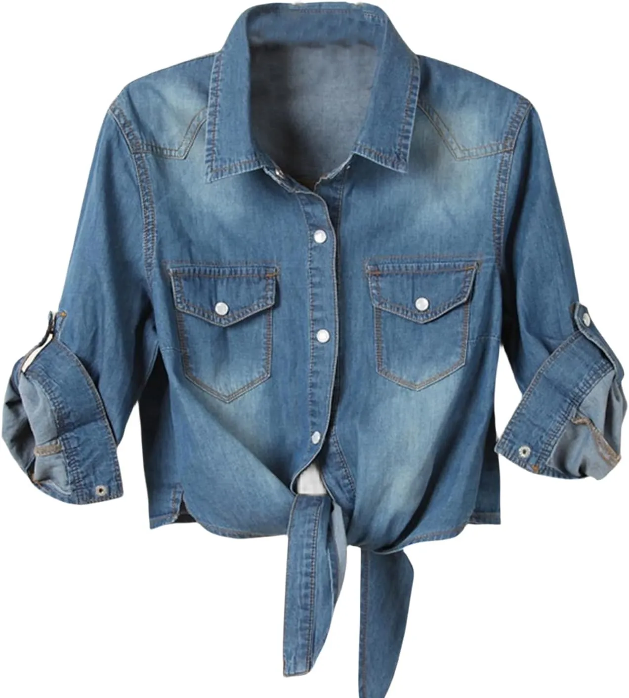 Women Denim Shirt Collared Jean Shirts Long Sleeve Button Down Blouses with Pockets Classic Basic Solid Blouse Jacket