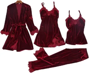 Women Gowns Sleepwear Loungewear of Velvet Fabric 4 PCS PJ Set with Robes Gowns