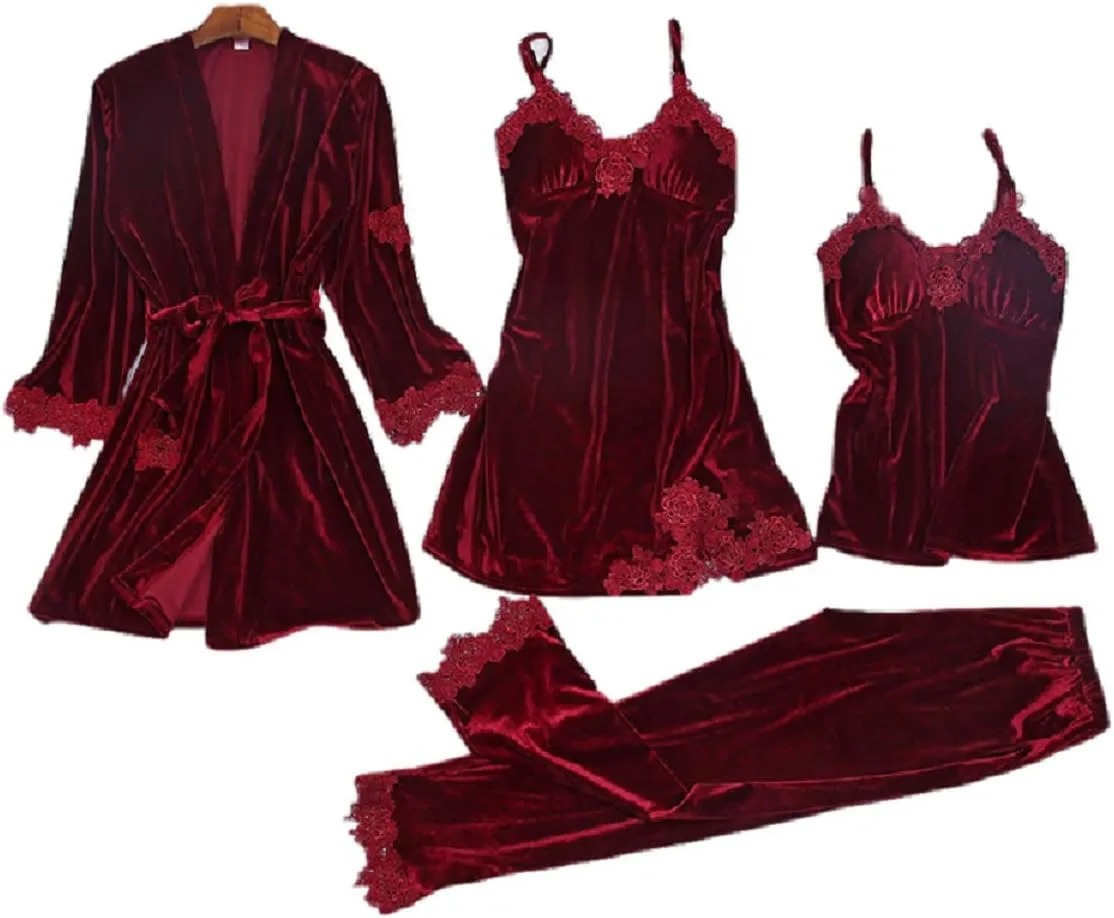 Women Gowns Sleepwear Loungewear of Velvet Fabric 4 PCS PJ Set with Robes Gowns