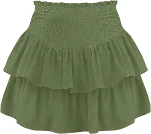 Women High Elastic Waist Pleated Mini Skirt Casual Asymmetric Ruffle Tiered Skorts Basic Stretchy Flared Inner Shorts Skirts