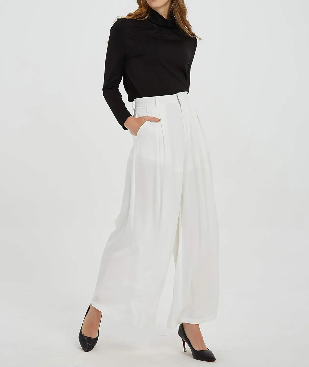 Women High Waist Casual Wide Leg Pants Elegant Work Pants Palazzo Pants Trousers with Pockets Lounge Pants Flowy
