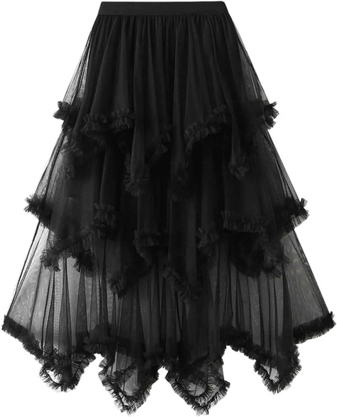 Women High Waisted Midi Skirt Multi-Layer A-Line Pleated Knee Length Skirt Flowy Cute Mesh Irregular Hem Work Skirts