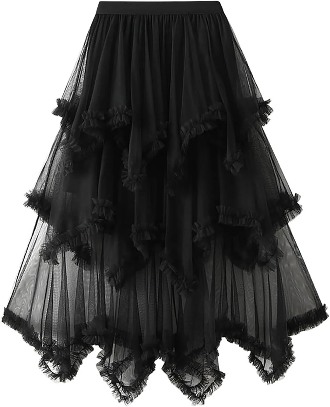 Women High Waisted Midi Skirt Multi-Layer A-Line Pleated Knee Length Skirt Flowy Cute Mesh Irregular Hem Work Skirts