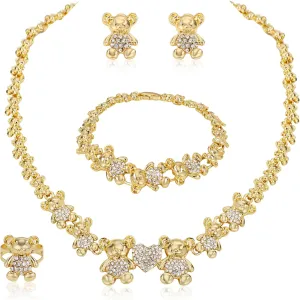 Women Jewelry Sets Gold Jewelry XOXO Fashion Bear Necklace Love Bear Earrings Bear and Heart Bracelet Jewelry Gifts Elegant Bridal Accessories Women Party Gifts Shiny Jewelry