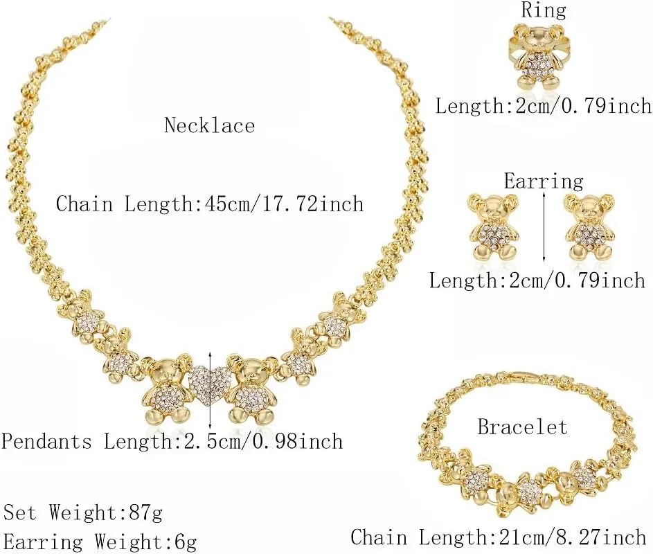 Women Jewelry Sets Gold Jewelry XOXO Fashion Bear Necklace Love Bear Earrings Bear and Heart Bracelet Jewelry Gifts Elegant Bridal Accessories Women Party Gifts Shiny Jewelry