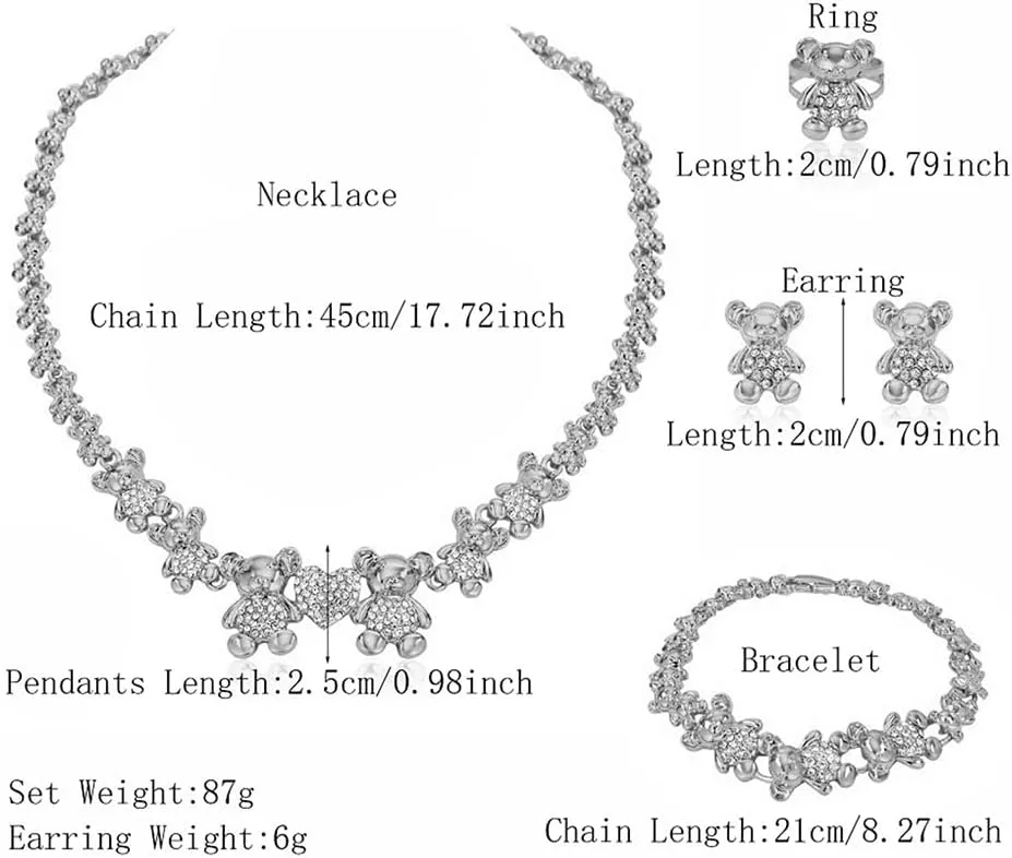 Women Jewelry Sets Gold Jewelry XOXO Fashion Bear Necklace Love Bear Earrings Bear and Heart Bracelet Jewelry Gifts Elegant Bridal Accessories Women Party Gifts Shiny Jewelry