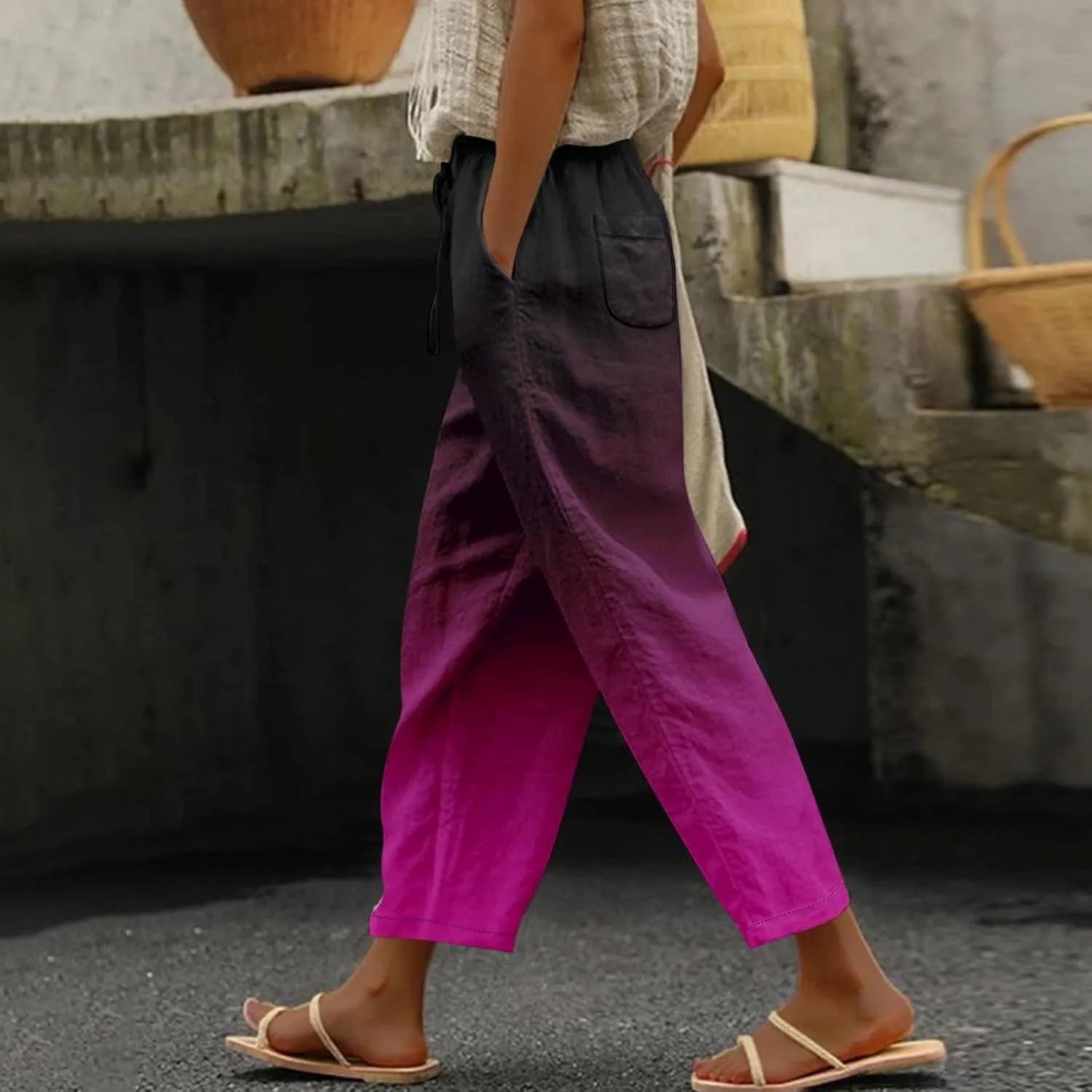 Women Linen Palazzo Pants Cotton Linen Elastic Seven Pants Beach Casual Pants Linen High Waisted Drawstring Lounge Pants