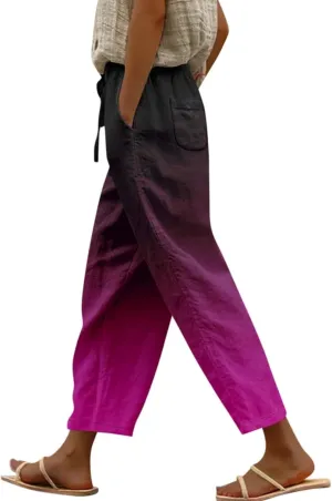 Women Linen Palazzo Pants Cotton Linen Elastic Seven Pants Beach Casual Pants Linen High Waisted Drawstring Lounge Pants