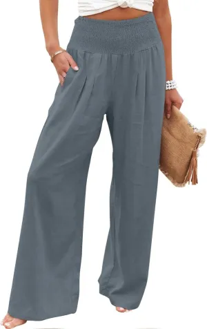 Women Linen Palazzo Pants Summer Wide Leg Pants Casual Beach Lounge Trousers High Waist Pants Pockets Boho Work Pants