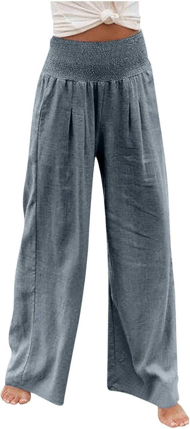 Women Linen Palazzo Pants Summer Wide Leg Pants Casual Beach Lounge Trousers High Waist Pants Pockets Boho Work Pants
