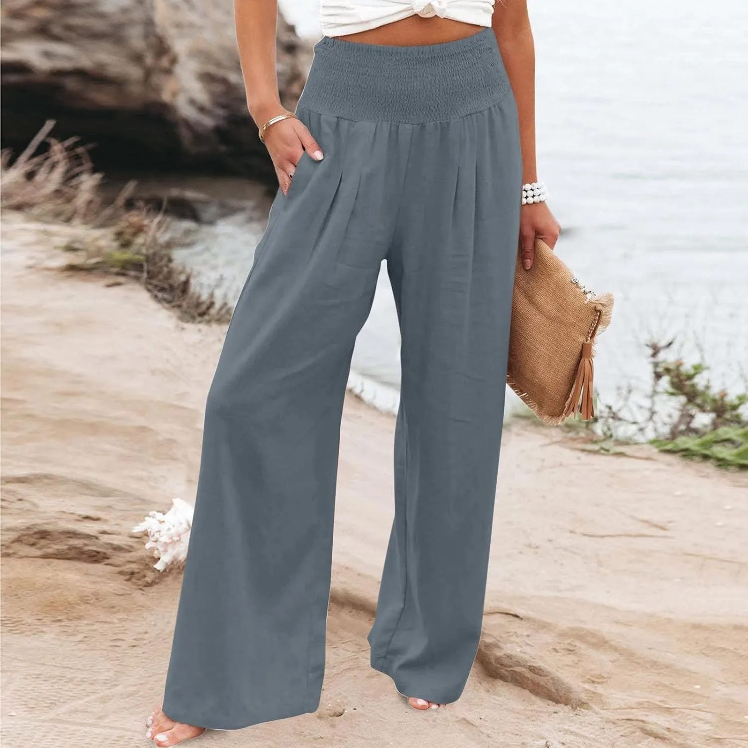 Women Linen Palazzo Pants Summer Wide Leg Pants Casual Beach Lounge Trousers High Waist Pants Pockets Boho Work Pants