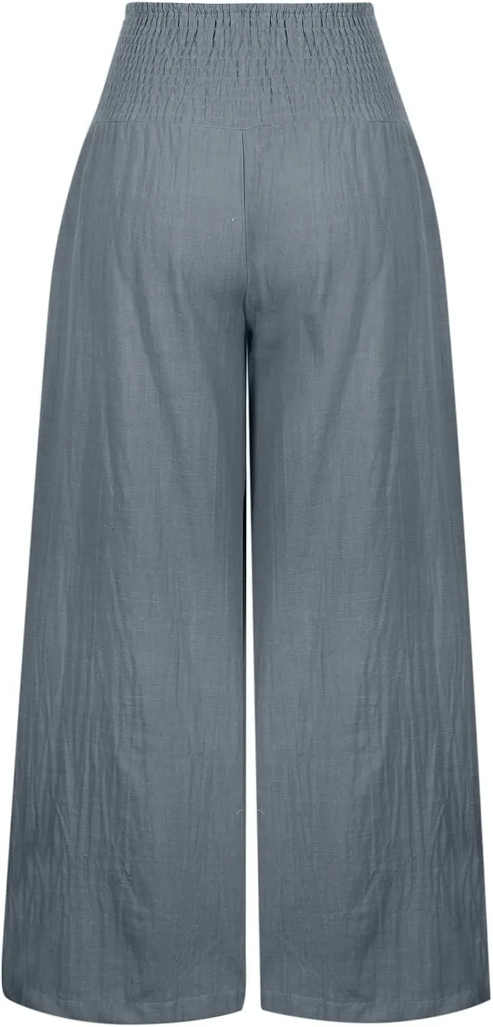Women Linen Palazzo Pants Summer Wide Leg Pants Casual Beach Lounge Trousers High Waist Pants Pockets Boho Work Pants
