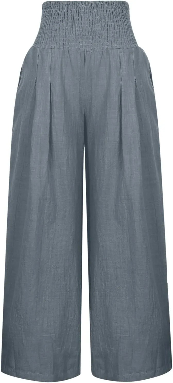 Women Linen Palazzo Pants Summer Wide Leg Pants Casual Beach Lounge Trousers High Waist Pants Pockets Boho Work Pants