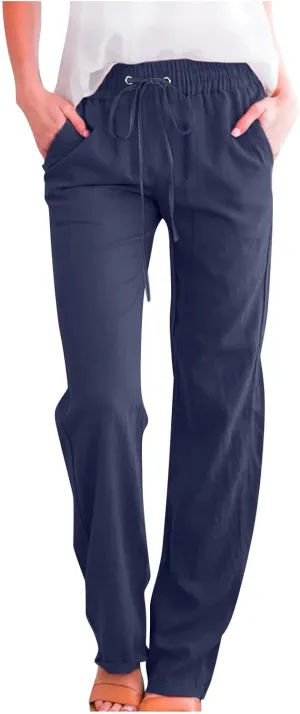 Women Linen Pants Casual Straight Leg Pants Drawstring Waist Long Pants Comfy Work Trousers Summer Jogger Pants Plus