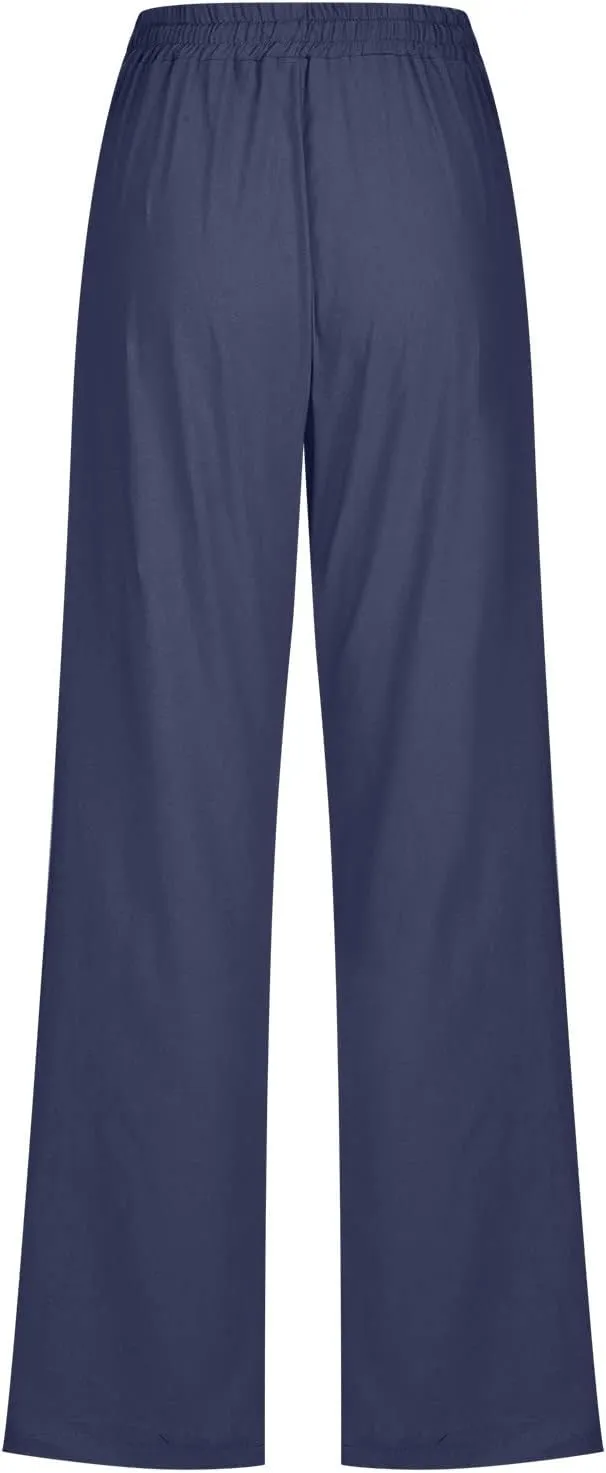 Women Linen Pants Casual Straight Leg Pants Drawstring Waist Long Pants Comfy Work Trousers Summer Jogger Pants Plus