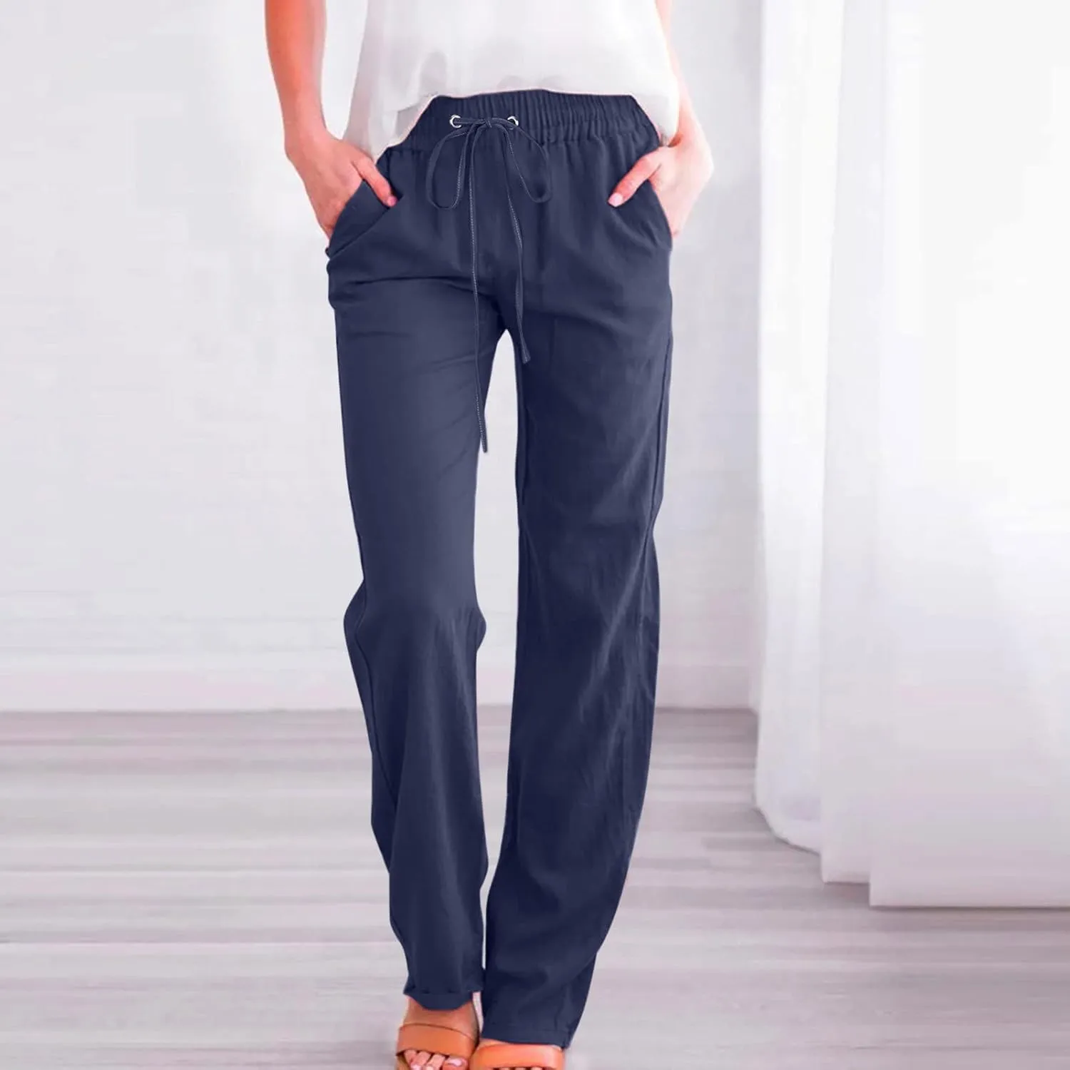 Women Linen Pants Casual Straight Leg Pants Drawstring Waist Long Pants Comfy Work Trousers Summer Jogger Pants Plus