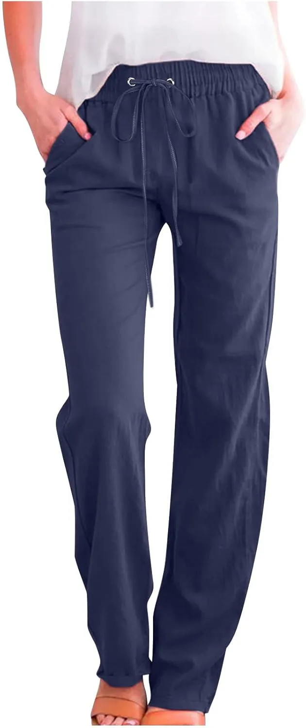 Women Linen Pants Casual Straight Leg Pants Drawstring Waist Long Pants Comfy Work Trousers Summer Jogger Pants Plus
