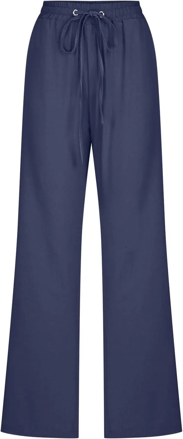 Women Linen Pants Casual Straight Leg Pants Drawstring Waist Long Pants Comfy Work Trousers Summer Jogger Pants Plus
