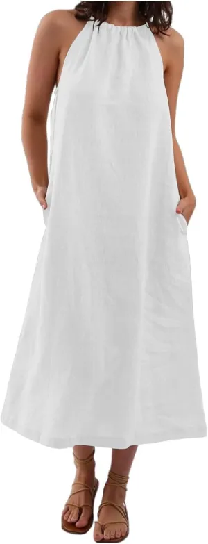 Women Linen Sleeveless Extra Long Back Lace Up Linen Sleeveless Extra Long Dress Flare Midi Dress