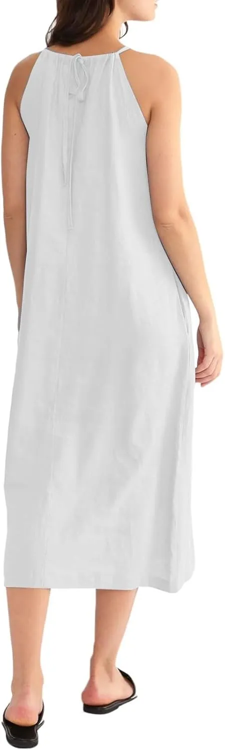 Women Linen Sleeveless Extra Long Back Lace Up Linen Sleeveless Extra Long Dress Flare Midi Dress