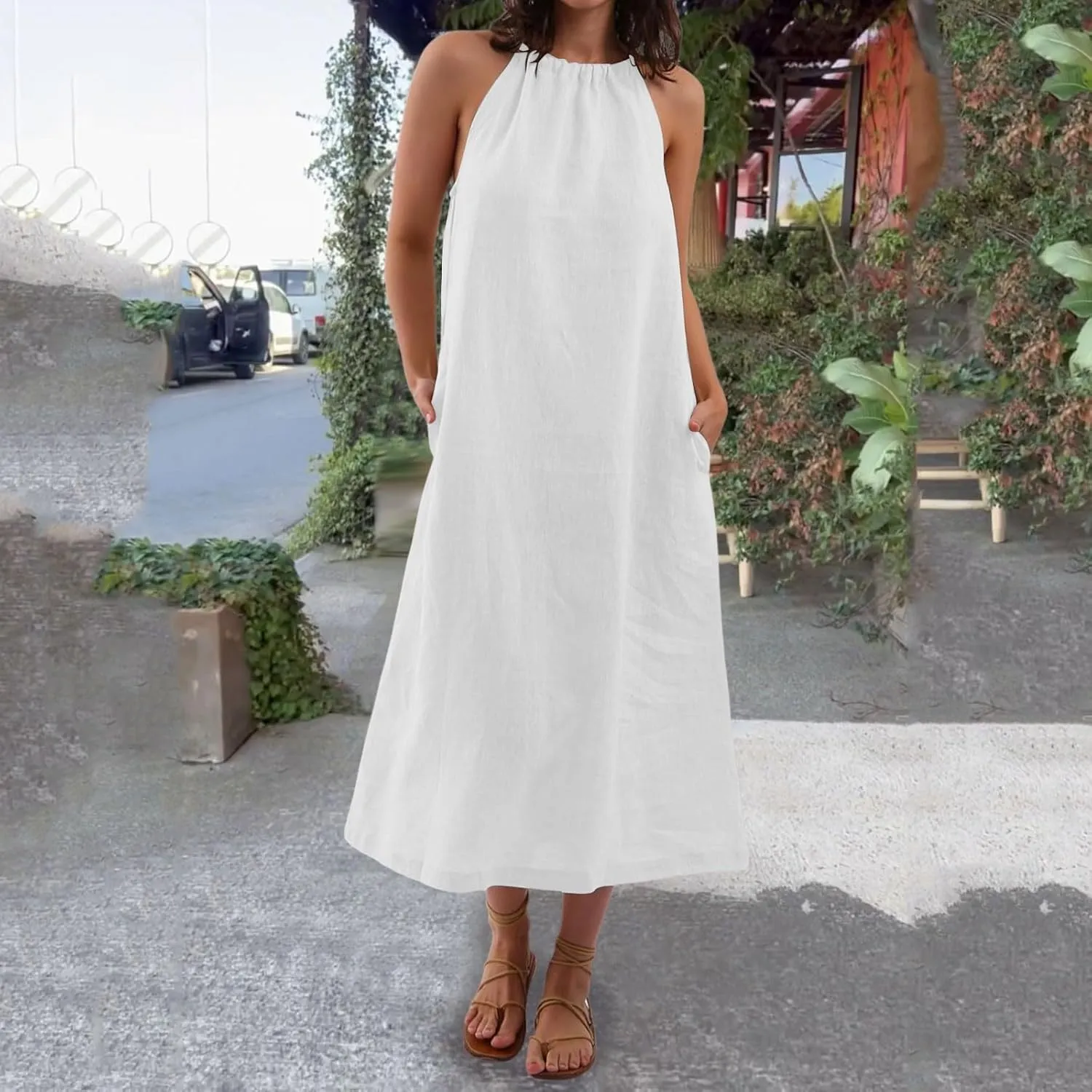 Women Linen Sleeveless Extra Long Back Lace Up Linen Sleeveless Extra Long Dress Flare Midi Dress