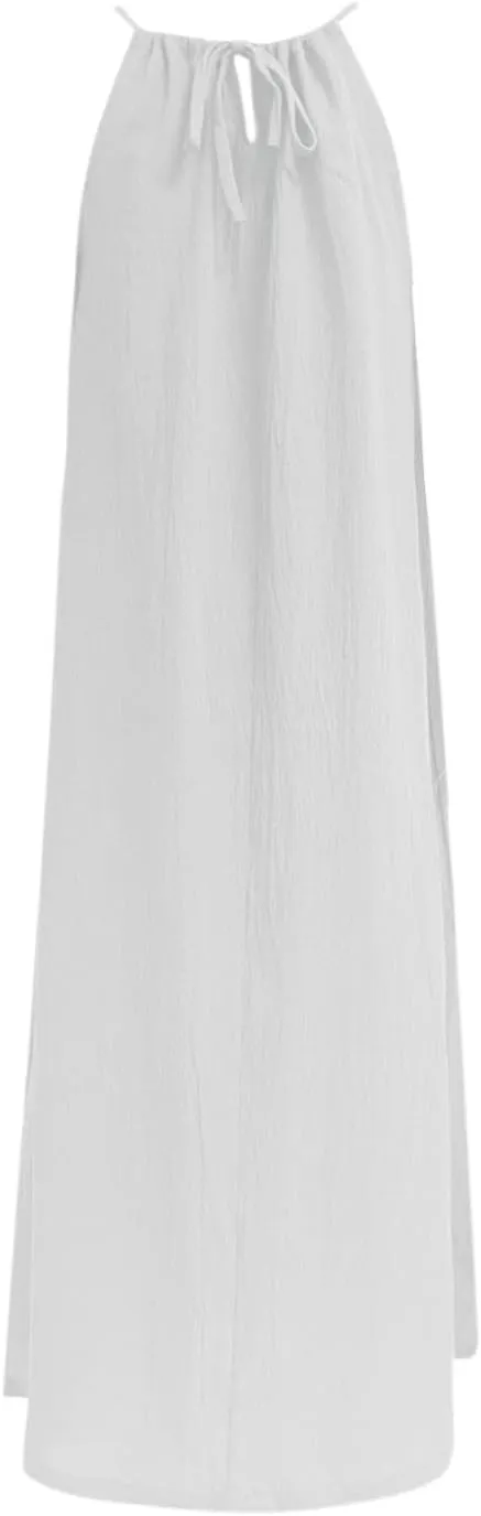 Women Linen Sleeveless Extra Long Back Lace Up Linen Sleeveless Extra Long Dress Flare Midi Dress