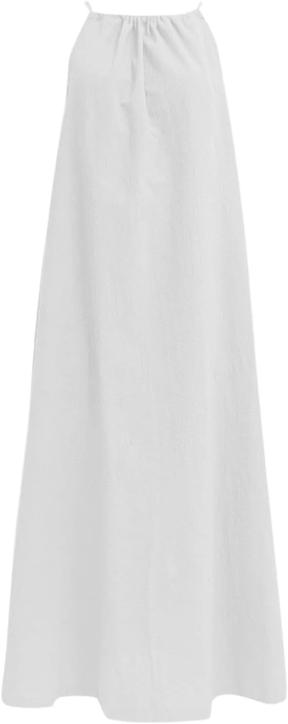 Women Linen Sleeveless Extra Long Back Lace Up Linen Sleeveless Extra Long Dress Flare Midi Dress
