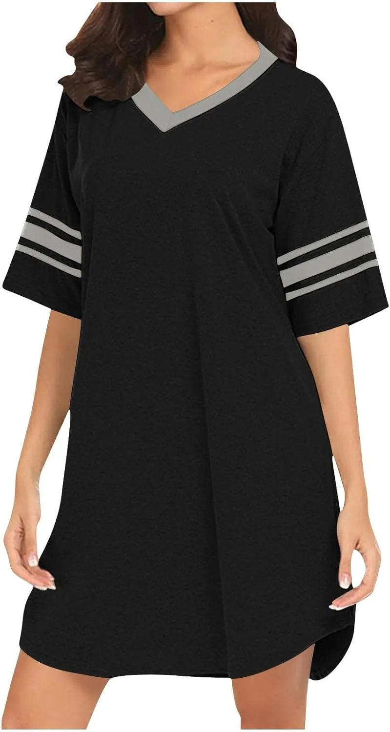 Women Nightgown Plus Size Sleepshirt Casual Loose Fit Short Sleeve Nightshirt V Neck Sleepwear Pajama Dress Homewear