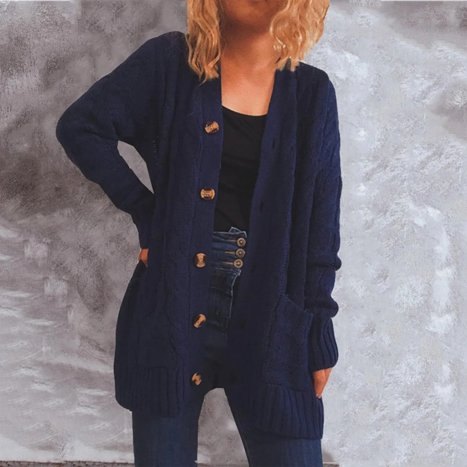 Women Open Front Casual Long Sleeve Knit Classic Sweaters Cardigan with Pockets Elegant Soft Coat Going out Clothes