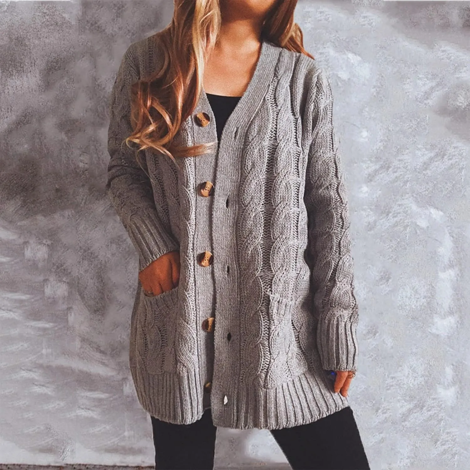 Women Open Front Casual Long Sleeve Knit Classic Sweaters Cardigan with Pockets Elegant Soft Coat Going out Clothes