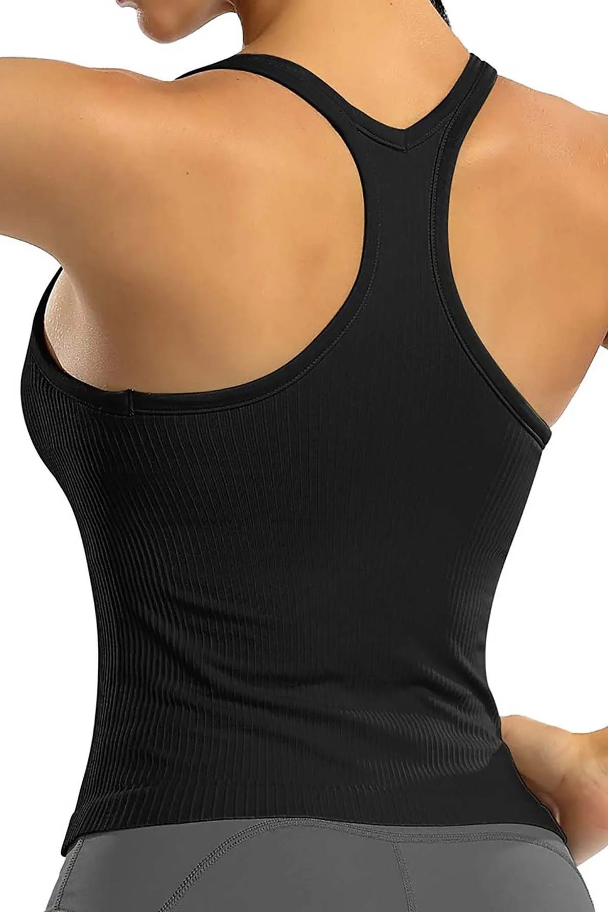 Women Ribbed Workout Crop Tops with Built in Bra Yoga Racerback Tank Top -2399