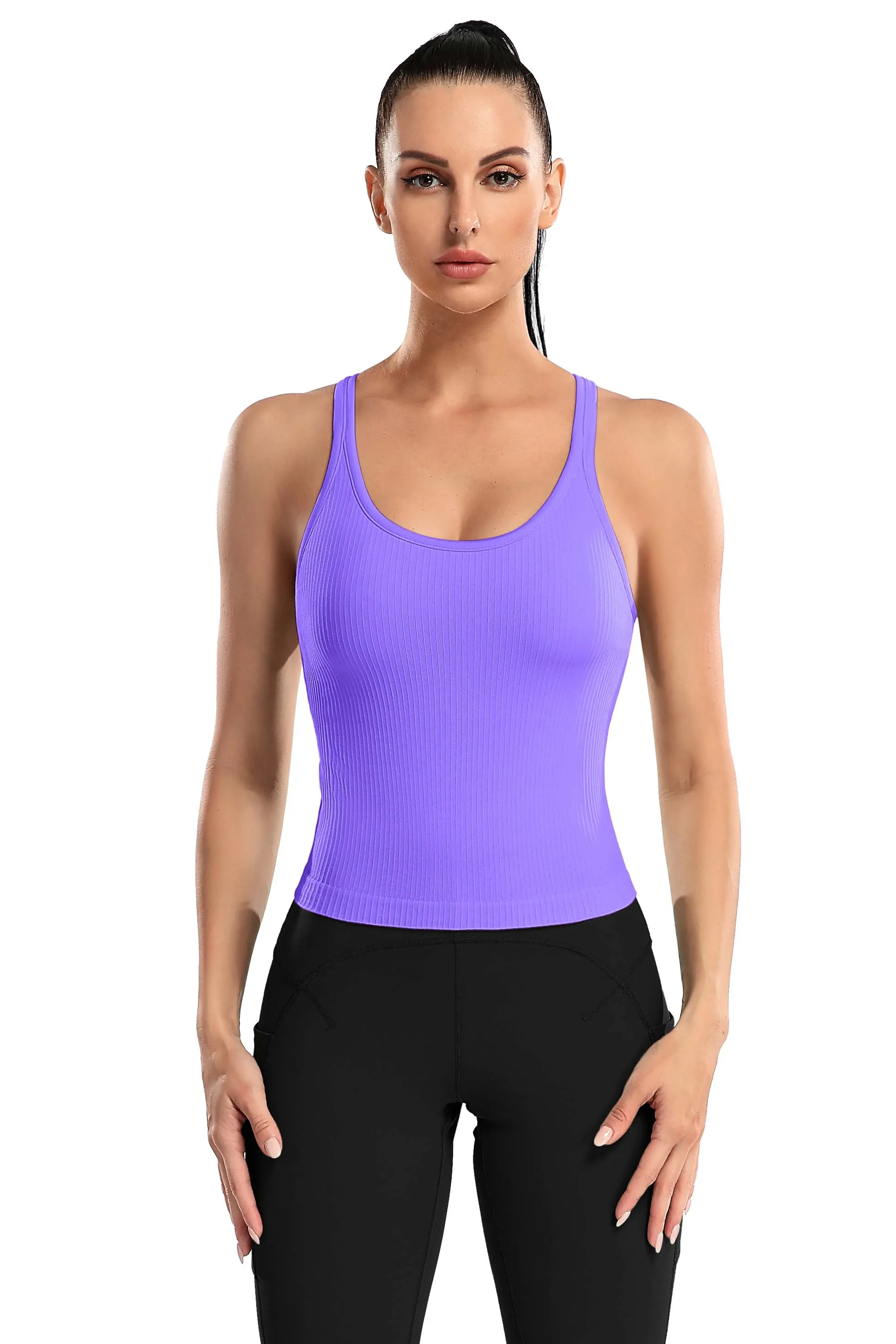 Women Ribbed Workout Crop Tops with Built in Bra Yoga Racerback Tank Top -2399