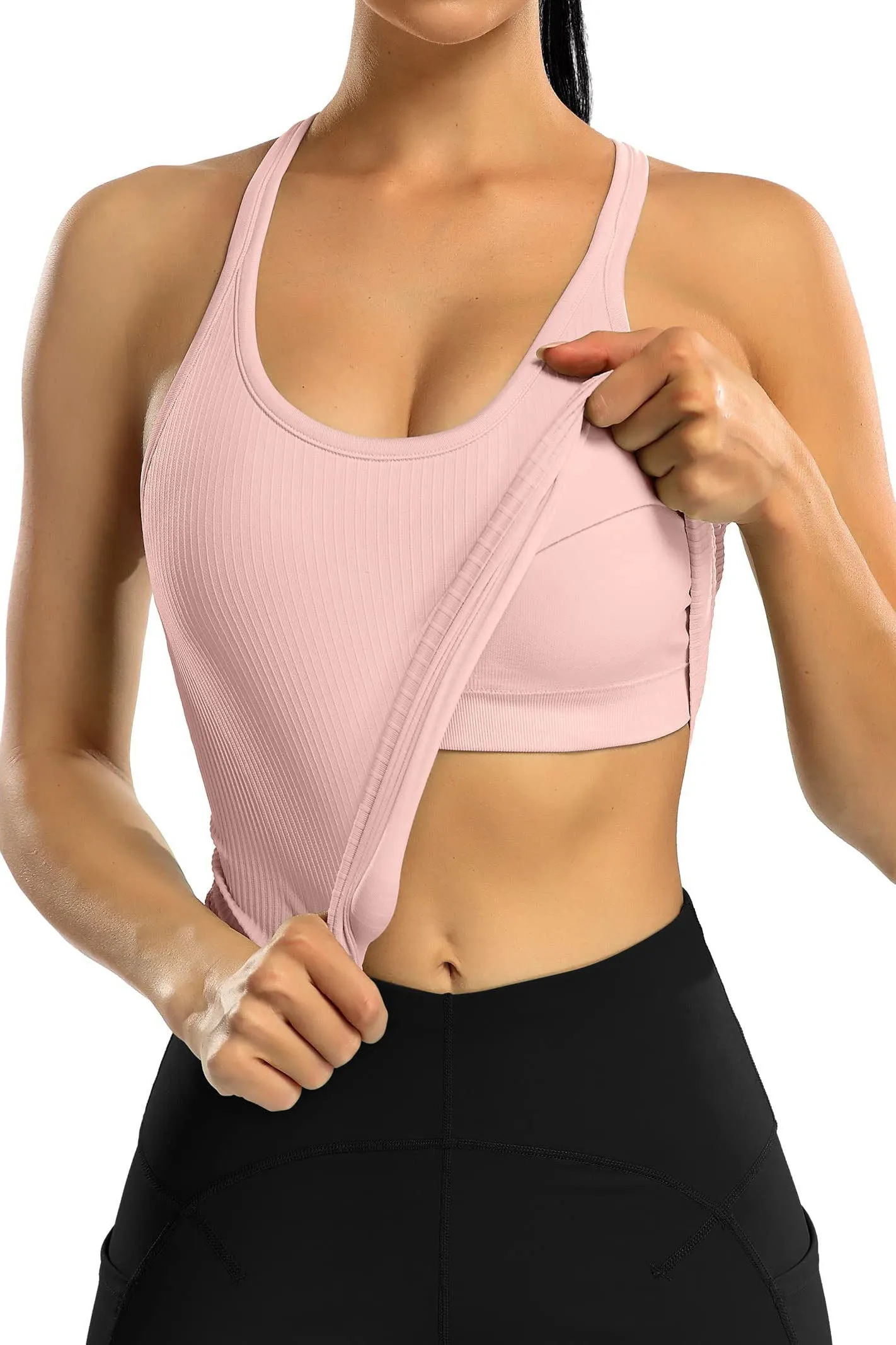 Women Ribbed Workout Crop Tops with Built in Bra Yoga Racerback Tank Top -2399